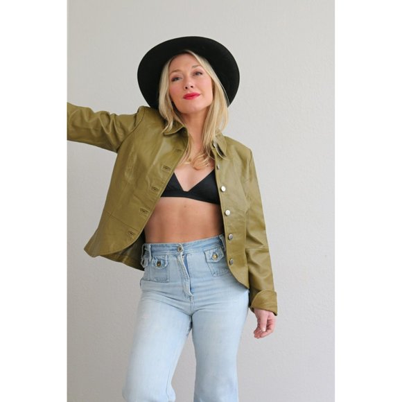 2000's Y2K Peplum Leather Jacket // Women's Size Small to Medium // Pea Green - Picture 2 of 10
